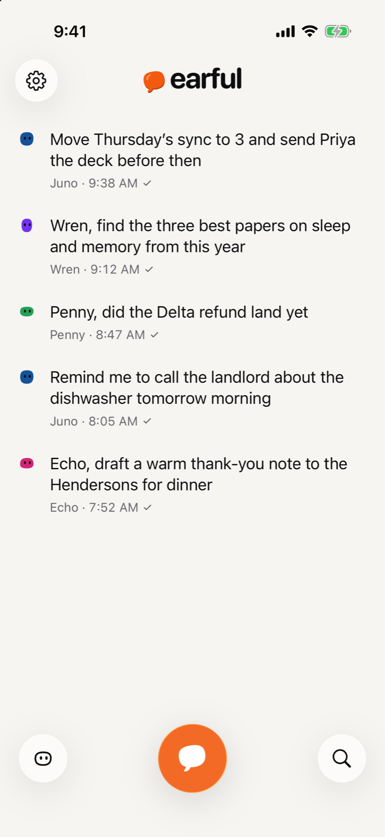Earful’s Home on iPhone: a list of notes, each sent to a named bot, with the orange talk button at the bottom.